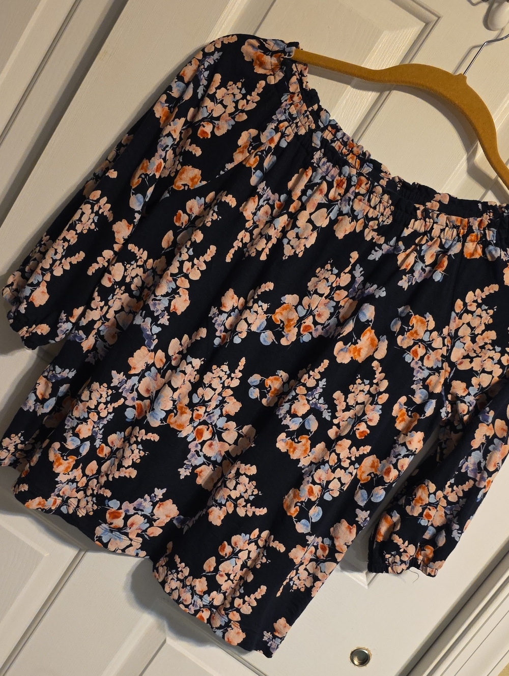 J. Jill Floral Peasant Blouse Navy Pink Blue 3/4 Sleeve Large Petite LP T121